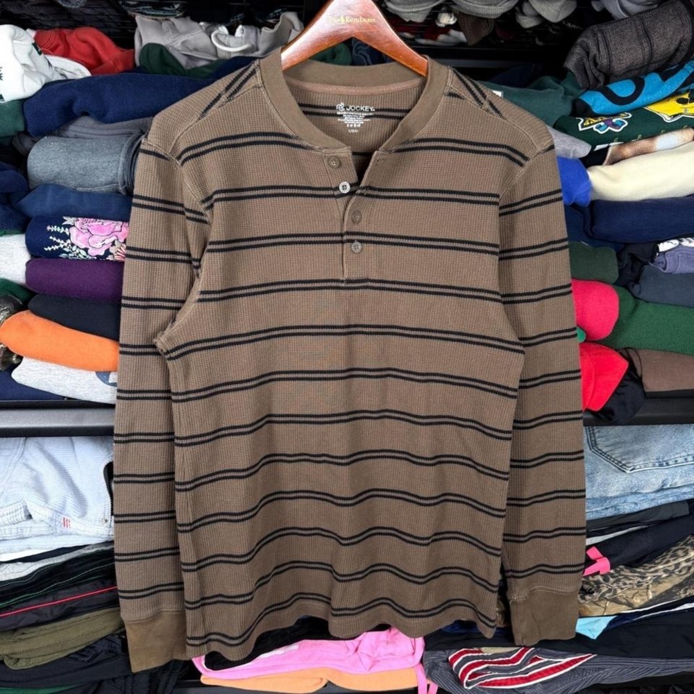 Jockey Mens Brown Striped Waffle Knit Thermal Henley Long Sleeve Shirt Large